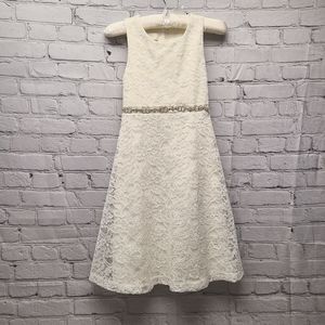 Girls Lace Dress with attached Silk and Crystal Belt, Wedding, Pageant, Formal